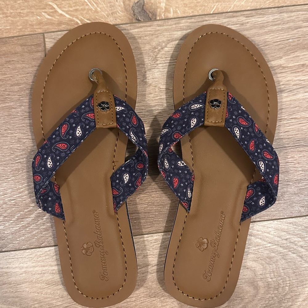 Tommy Bahama Tan Flip Flops with Navy Paisley Straps